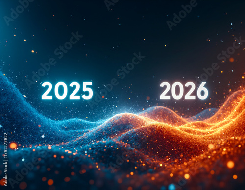 Bright graphic transition from year 2025 to 2026. Minimalist New Year, change, future concept.