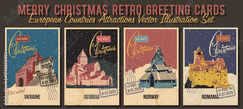Merry Christmas Retro Greeting Card Set. Ukraine, Georgia, Norway, Romania Attractions Postcards. Old Church, Buildings, Temples, Traditional Architecture. Retro Greeting Cards Style Illustrations