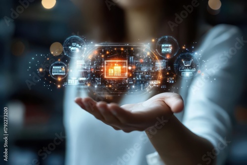 Cybersecurity training SD-WAN Machine learning engineer bootcamp Smart factory IIoT Remote it Cynerio Smarttech247 UpKeep Hand of woman holding a hologram retail innovation, featuring checkout system