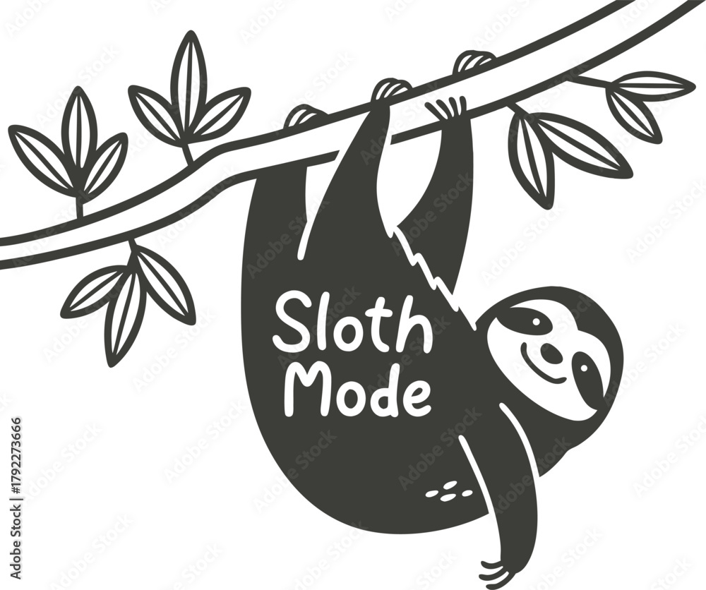 Naklejka premium Cute sloth hanging on a branch with sloth mode text
