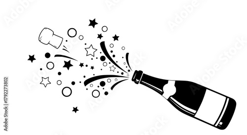 Vector of a champagne bottle popping with bubbles and stars, monochrome design, simple and elegant