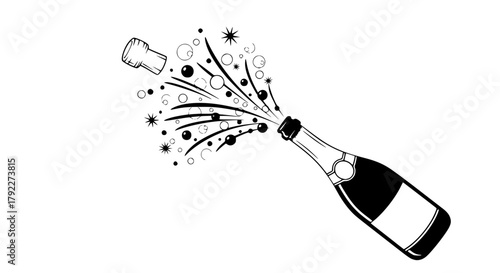 Vector of a champagne bottle popping with bubbles and stars, monochrome design, simple and elegant