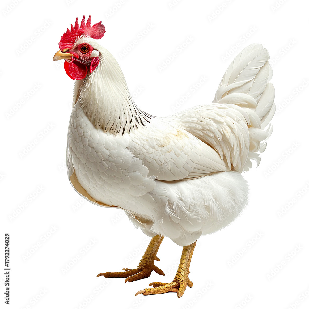 Fototapeta premium Poultry Elegance: A solitary white hen, with its proud posture and vibrant red comb, embodies the essence of rural life and farm-fresh goodness.