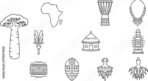 African Culture Vector Set with Baobab Tree Continent Mask and Musical Instrument Featuring Traditional Patterns and Tribal Elements on White Background