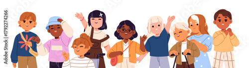 Happy kids with different disabilities are greeting together. International group of diverse children with wheelchair, crutches is waving hands. Flat isolated vector illustration on white background