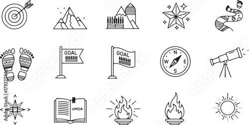 Motivational Icons Set for Business and Personal Growth Black and White Doodles Representing Goals Achievements Exploration and Inner Strength Symbolic Journey