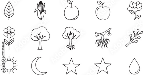 Nature elements seamless pattern with tree leaves fruit corn sun moon stars flowers and water drop for fabric wrapping or wallpaper in black and white
