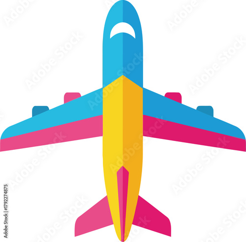 A colorful cartoon airplane icon with blue, pink, and yellow features, viewed from directly above.