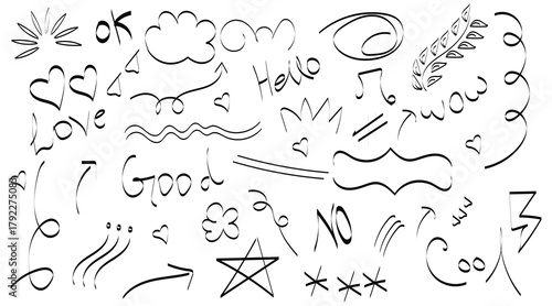 Playful hand drawn doodles collection, Cute sketchy line art elements set, Whimsical black ink doodle shapes