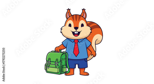Cartoon squirrel wearing clothes and holding a backpack.