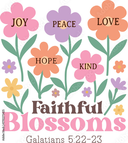  Joy Prace Love Hope Kind Faithful Blossoms T-Shirt Vector, Boho Christian Shirt Design, Boho Religious floral illustration, Boho floral Christian Clipart