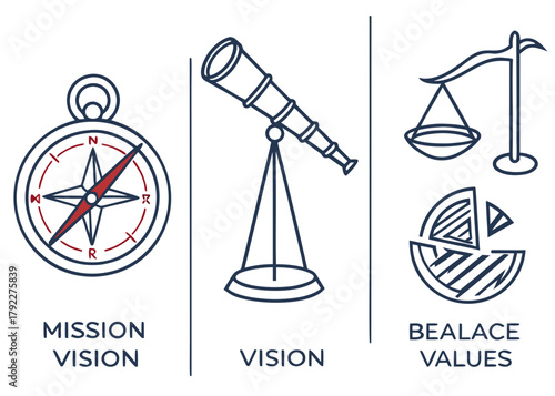 Illustration showing mission vision balance and values with compass telescope and scales icons created with generated ai