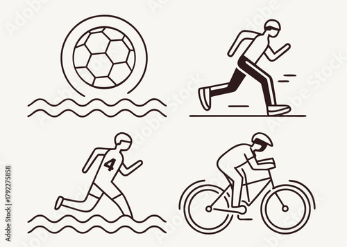 Illustration depicting various sports activities including soccer, running, and cycling in line art created with generated ai