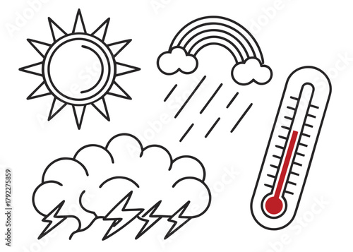 Weather icons showing sun rainbow rain cloud lightning and thermometer indicating temperature level created with generated ai