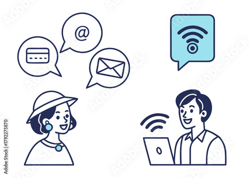 Illustration of woman with social media icons and man using laptop with wifi icon above him created with generated ai