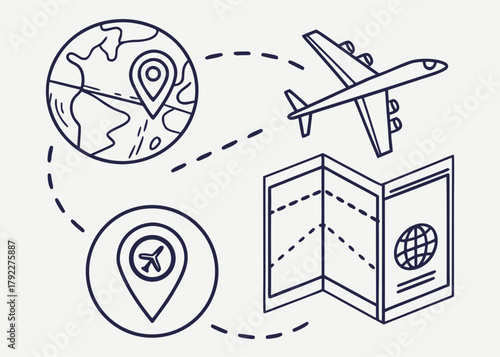 Outline drawing showing airplane flying from world location to passport with travel route shown created with generated ai