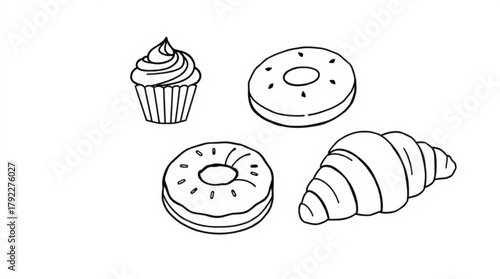 Outlined cupcake, two donuts, and a croissant arranged on a white background in simple black lines created with generated ai