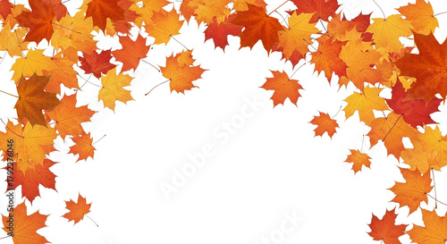 A decorative border of vibrant autumn maple leaves in shades of orange, yellow, and red, creating a festive fall frame against a clean white background.