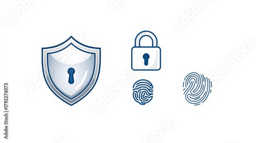 Security icons featuring a shield padlock and fingerprint scans on a white background design created with generated ai