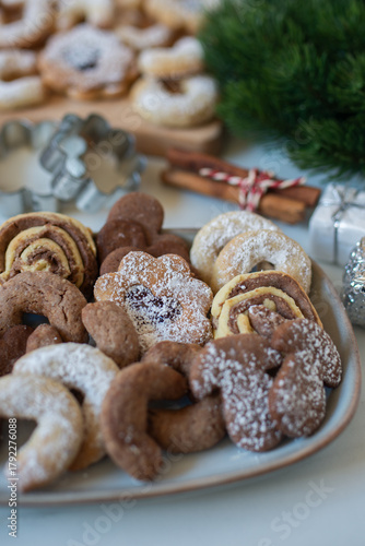 Christmas cookies baking on wooden background