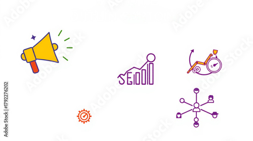Illustration showcasing seo optimization with megaphone, graph, timer and network icons displayed created with generated ai