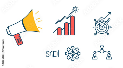 Illustration featuring a megaphone, graph, clock, gear, and hierarchical structure icon set up created with generated ai