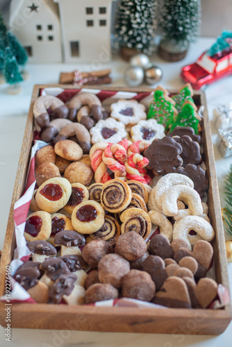 Christmas cookies baking on wooden background