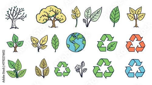 Illustration of trees leaves earth and recycle symbols representing nature and environmental conservation created with generated ai