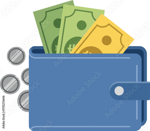 A blue wallet full of cash, with green and yellow banknotes and silver coins on a white background.