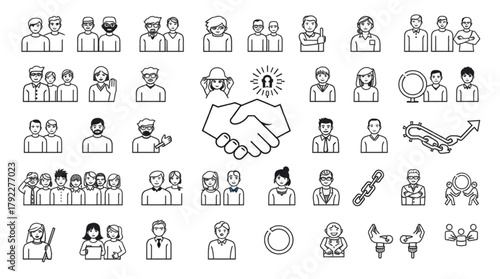 Collection of diverse outlined people icons representing various demographics and professions in monochrome style created with generated ai