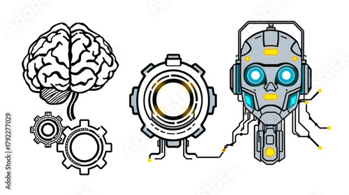 Illustration showing a brain connected to gears and a robot head with glowing eyes and wires created with generated ai