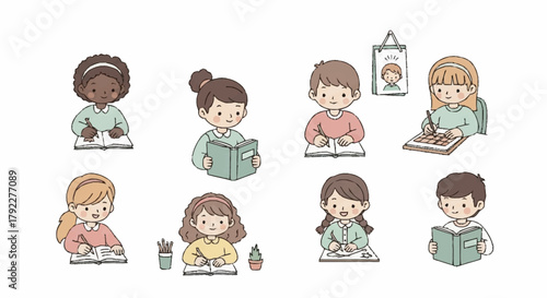 Diverse Group of Children Engaged in Learning and Reading Activities, Illustration Style