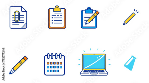 Illustration of office and school supplies including clipboards and a laptop icon set design created with generated ai