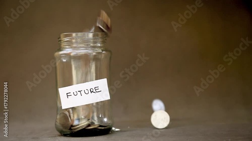 Slow Motion of Coins Dropping into Saving Glass Jar Labeled 