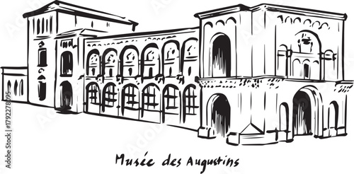 Black and white ink illustration of Musée des Augustins in Toulouse — historic monastery turned fine-arts museum, drawn in elegant architectural line art style with arches and galleries