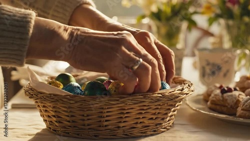 Placing Colorful Foiled Candy Eggs in Basket Preparation
