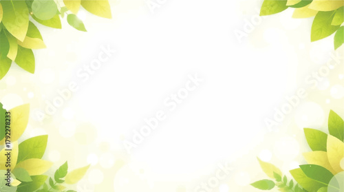 Vibrant green leaves frame a radiant white background with soft bokeh lights, symbolizing fresh beginnings and natural growth, perfect for spring designs and organic concepts