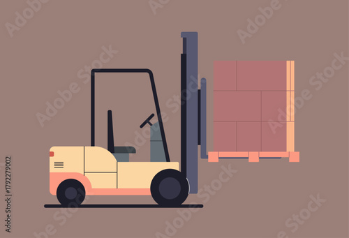 Forklift lifting pallet boxes symbolizing warehouse logistics, industrial transport, cargo management, and material handling process flat vector illustration.