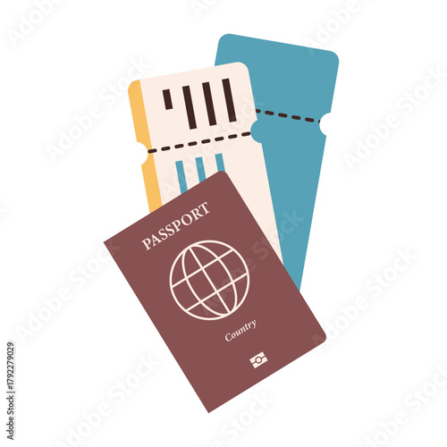Passport with airline tickets representing travel, tourism, international flight, vacation, and global adventure flat vector illustration.
