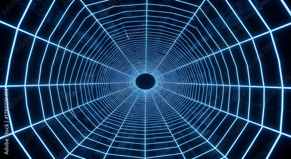 Fototapeta premium Abstract Blue Neon Grid Tunnel: Digital Network
