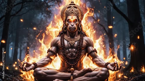 Wallpaper Mural Powerful Hanuman Meditating in Fiery Aura Surrounded by Mystical Forest Lights. Torontodigital.ca