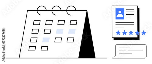 Desk calendar with marked dates, user profile document with five-star rating, and speech bubble icon. Ideal for scheduling, productivity, project management, HR processes, time tracking, feedback