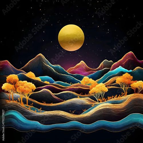 an acrylic painting showing a starry night sky over a village