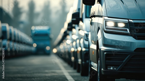 A row of vans parked in a lot, with a truck in the background, showcasing commercial vehicles