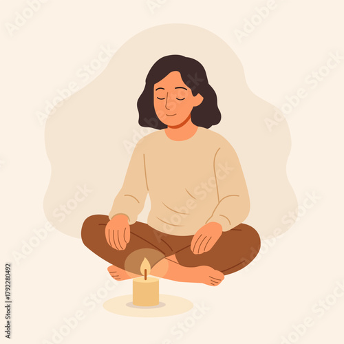 Woman sitting cross-legged and calmly watching a candle flame. Peaceful atmosphere, mindfulness and inner balance in minimal cozy illustration.