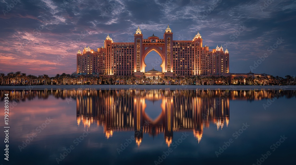 Fototapeta premium Atlantis the palm hotel reflecting in the water at dusk, dubai, united arab emirates, middle east