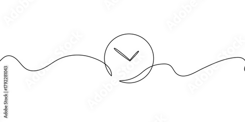 Continuous one-line drawing of a clock icon. Minimalist linear design representing time, schedule, and punctuality. Perfect for animations, infographics, productivity or time management concepts.