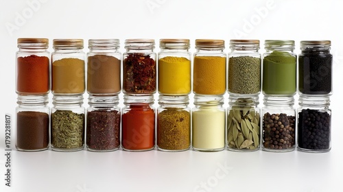 Studio photo of cooking spices in small glass jars arranged neatly on a white background.