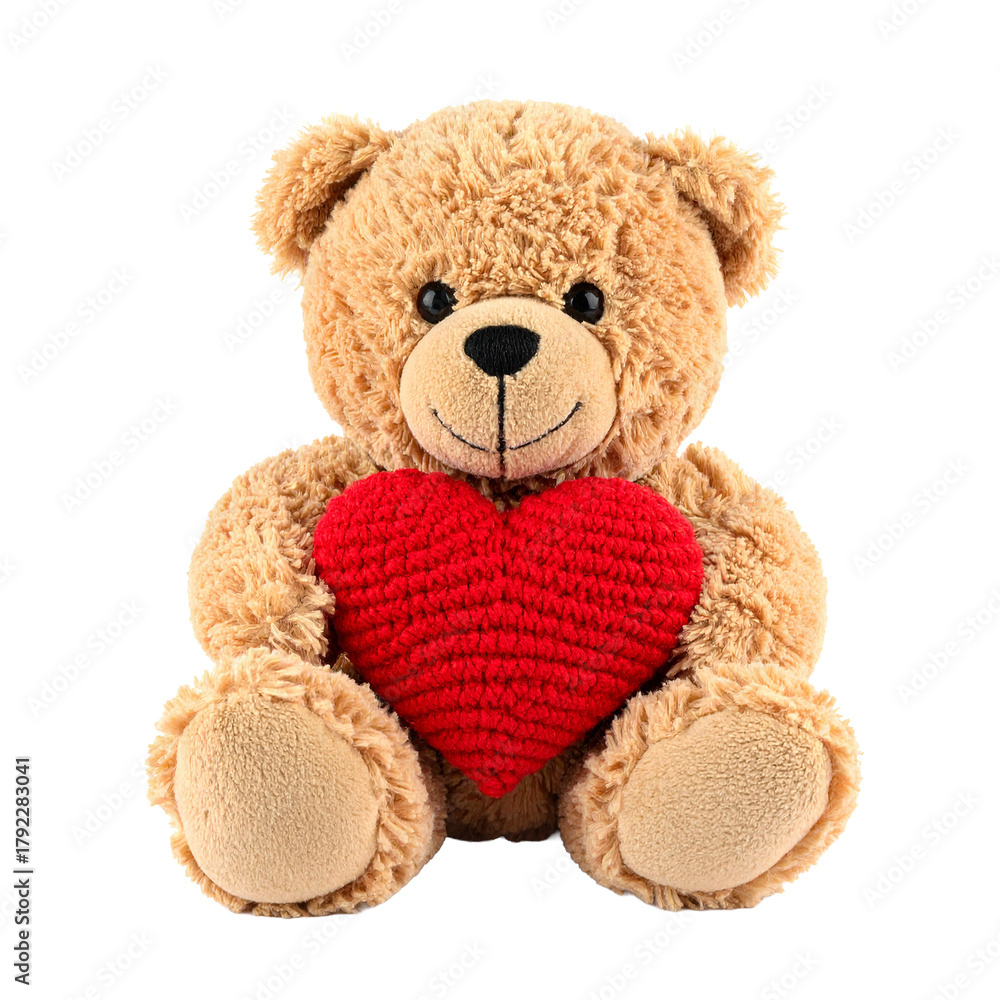 Obraz premium Cuddly Companion: A charming teddy bear clutches a vibrant red heart, embodying comfort, affection, and the spirit of love. A plush, huggable icon of sentimentality and tenderness.