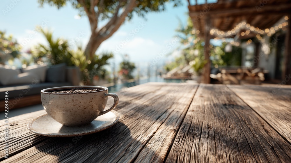 Obraz premium Morning coffee on a wooden table with a view of the ocean in a sunny room, inviting relaxation and warmth in a coastal setting